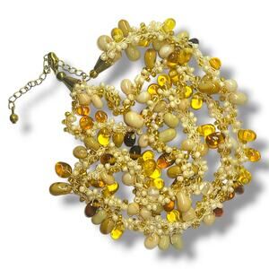 Vintage Multistrand Boho Beachy Amber & White Glass Bead Necklace‎ 18"